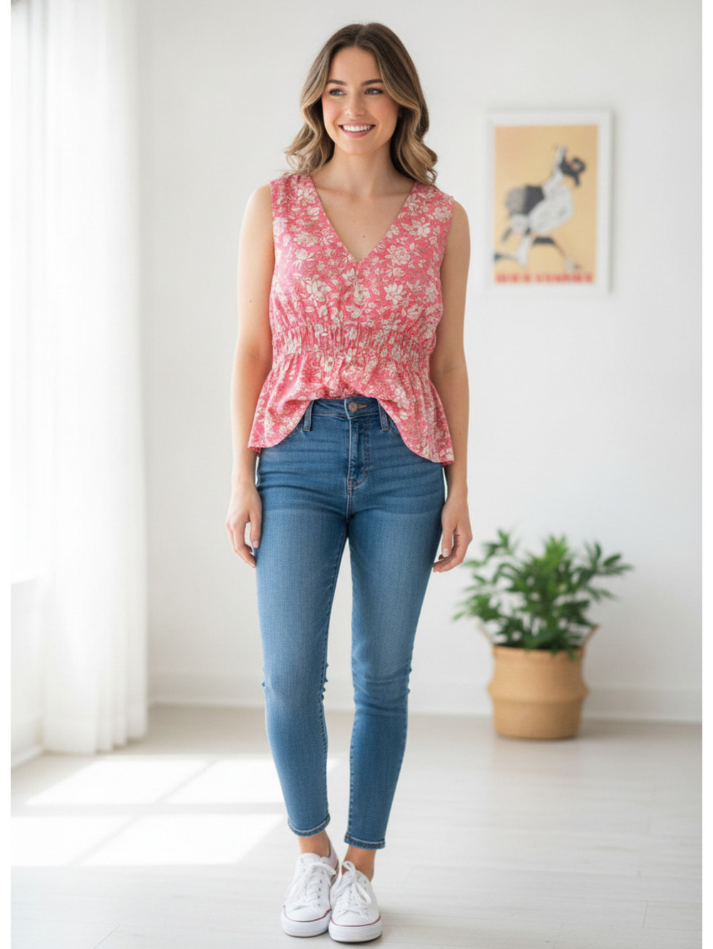 J.Crew Pink Floral Sleeveless V-Neck Top Size Large